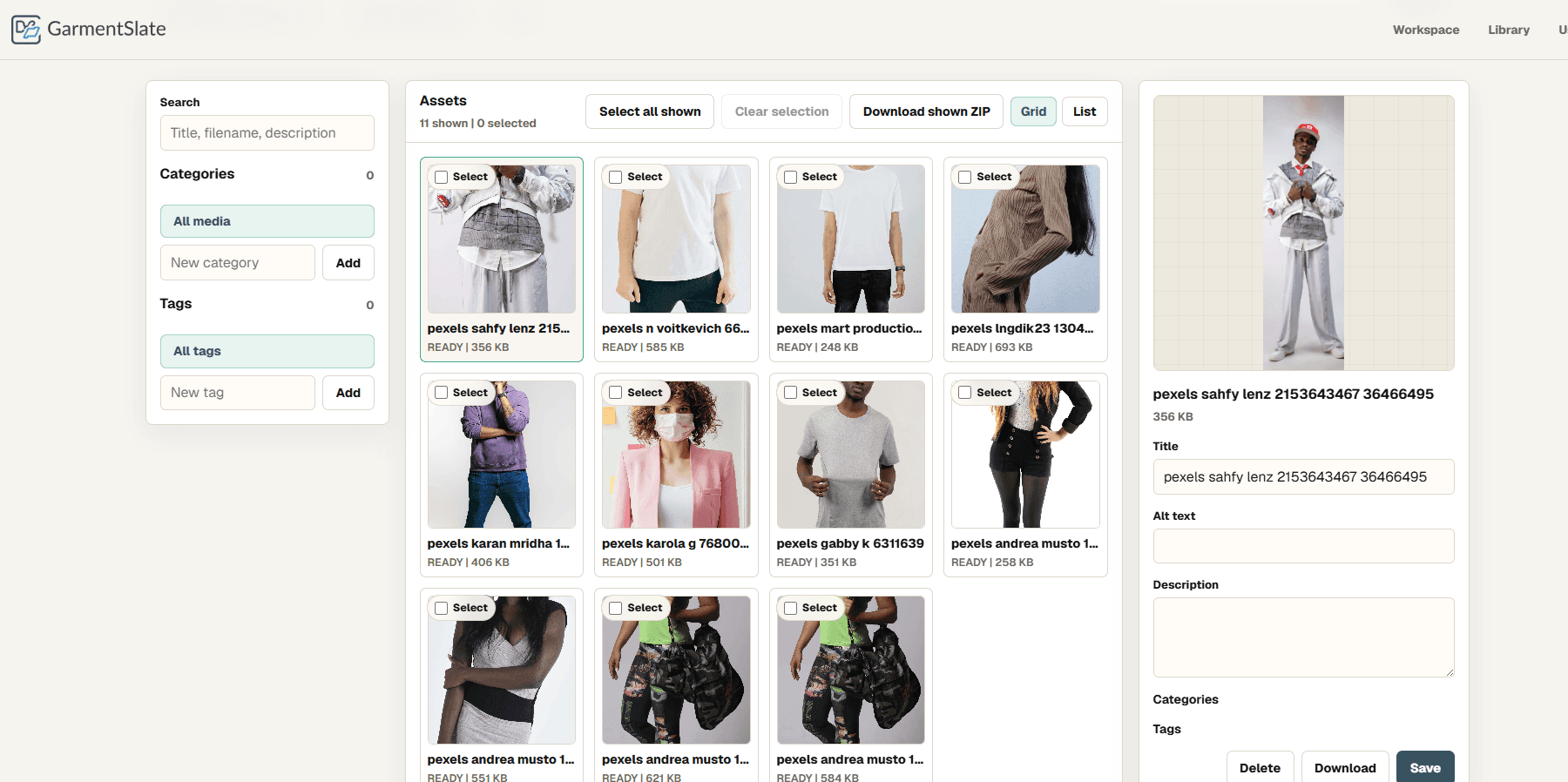GarmentSlate shared image library for approved fit review assets