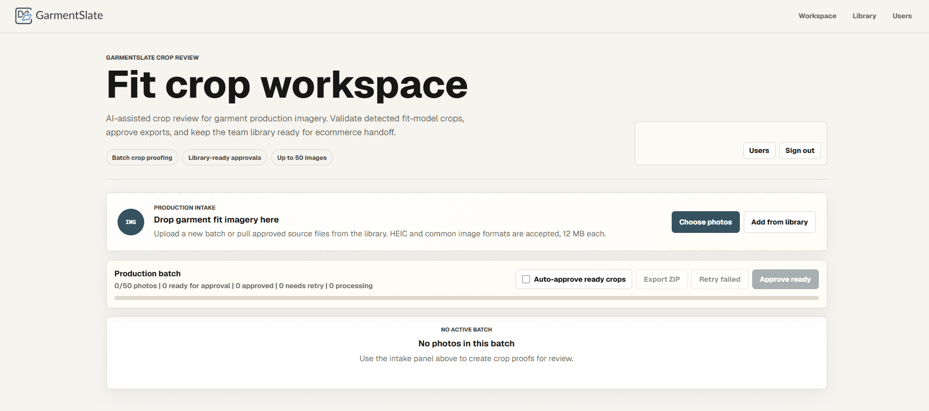GarmentSlate workspace showing production intake and fit crop review